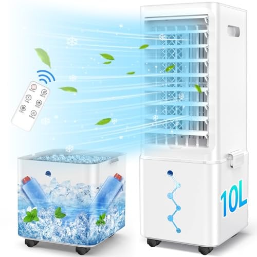 Raofuo Evaporative Air Cooler, 65W Mobile Air Conditioner 60° Oscillation 3 Modes/Wind Speeds Removable 10L Tank 12H Timer Low Noise w/Remote Control 2 Ice Box Cooling Fan for Home, Bedroom, Office