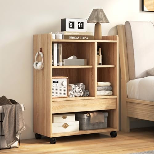 Multigot Mobile End Table, Wooden Sofa Side Table on Wheels with Drawer, Adjustable Shelves, Open Compartments and Hooks, Corner Tea Table Storage Bedside Cabinet for Living Room Bedroom (Natural)