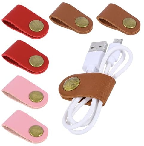 6 PCS Leather Cable Tidy Straps, Charging Cable Ties USB Organizer with Leather Handmade, Cord Keeper, Portable Earphone Cable Holders for Cords Cable Straps, Stocking Stuffers for Men (3 Colors)