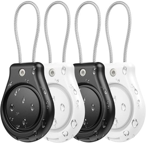 Waterproof Airtag Holder with Wire Cable - Airtag Keyring Secure, Protective Air Tag Keyring for Keys, Key Ring, Luggage, AirTag Case Compatible with Apple Air tag (Black/White, 4)