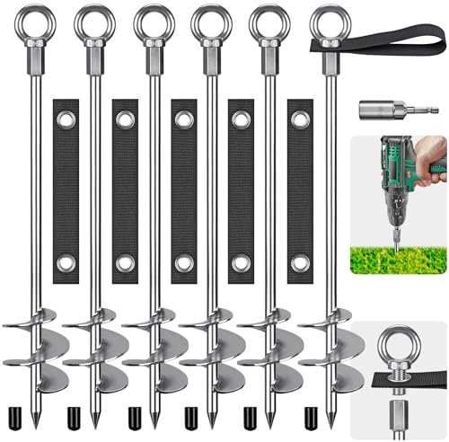 Insaga 6er Zeltheringe, 61cm Zelt Heringe Erdnägel Stabil Lang Erdanker Bodenanker Schraubheringe Zelthaken für Trampolin/Schaukel/Camping/Schuppen/Hund/Carport mit Fester Schlaufenband