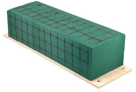 Nass Steckschaum Ziegel 45x11x8cm auf Holzplatte mit Klebepads - für Profi Floristen & Hobby Bastler - Frischblumen Steckschwamm - Blumen Steckmasse - Floristik Zubehör & Floristikbedarf - Grün