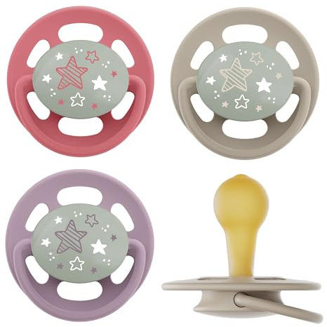nip - Cherry Green Night | ab 6 Monate | 4er Pack | Stillfreundlicher, zahnfreundlicher Babyschnuller mit Leuchtknopf. Nachhaltiger Schnuller aus natürlichen Rohstoffen, Lila/Rot