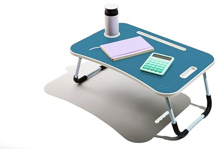 Muitomas, Tavolino da Smart Working, Scrivania Pieghevole in Plastica e Metallo, Richiudibile con Portabicchieri e Supporto Tablet, per Letto e Divano, 60 x 40 x 30 cm, Colore Blu Ottanio