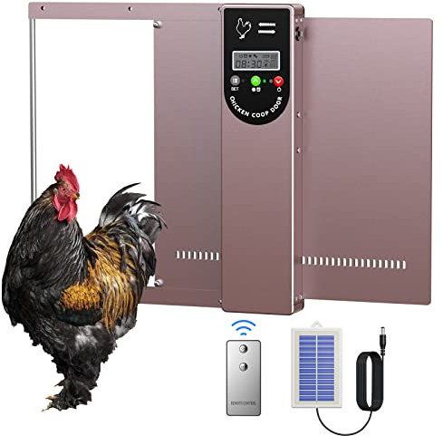 Porte Poulailler Automatique Solaire, MASTERFUN Porte Automatique Poulailler Solaire en Alliage d'aluminium avec Écran LCD Programmable Étanche, Capteur de Lumière, Minuterie, Télécommande