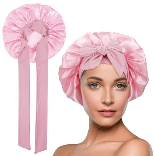 JIEYAO Schlafmütze,Seidenhaube zum Schlafen Verstellbare Silk Bonnet Schlafhaube Seide Nacht Schlaf Mütze Satin Haarhaube Sleeping Cap mit Gummizug für Damen und Mädchen(Helles Rosa)