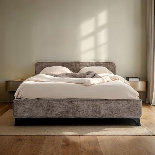 Polsterbett VIRETTA 140x200 in grau - Doppelbett mit Lattenrost & Chenille Stoffbezug. Bett in modernem Design mit stabilem Holzrahmen & Metallbeine