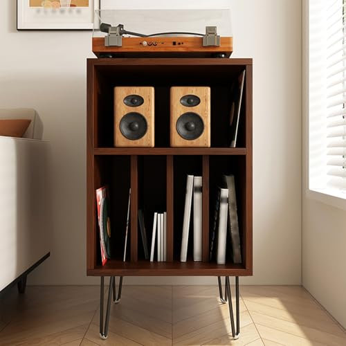 Retro Record Player Stand with Record Storage & Metal Legs Small Media Stand for Living Room B Turntable Cabinet for DVD Player Game Consoles Walnut Finish