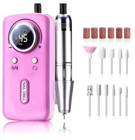 OLYSPM Torno para Uñas Profesional 45000 RPM, Torno Uñas Taladro Eléctrico Recargable con Pantalla LED, 10H Duración, Bajo Ruido,12 Puntas,para Uñas Acrílicas/Gel/Semipermanente