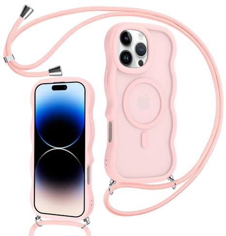 Knrlqim Coque Magnétique pour iPhone 14 Pro 6,1 avec Cordon,Compatible avec MagSafe,Translucide Mat Cadre Ondulé Vague Bouclée Coque, Réglable Collier Lanière Étui Lanyard Case Antichoc Housse,Rosa