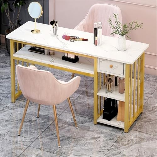 JNTFNE Geräumiger Nageltisch mit Marmor-Finish, Nagelstation mit 3-stöckigen Schubladen, Maniküretisch mit Metallrahmen für Schönheitssalon, Spa-Nutzung (ohne Hocker) (120 cm)