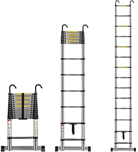 Multibao Telescopic Ladder 4.1M 13.5FT Aluminium Extension Loft Ladder with Stabilizer Bar and Detachable Hooks, Multi Purpose Extendable Portable Folding Ladders, EN131 (4.1M/13.5FT)