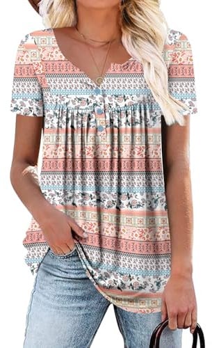 KISSMODA Womens Casual Short Sleeve Tunic Top Button up Shirt Floral Printed MintForm Medium