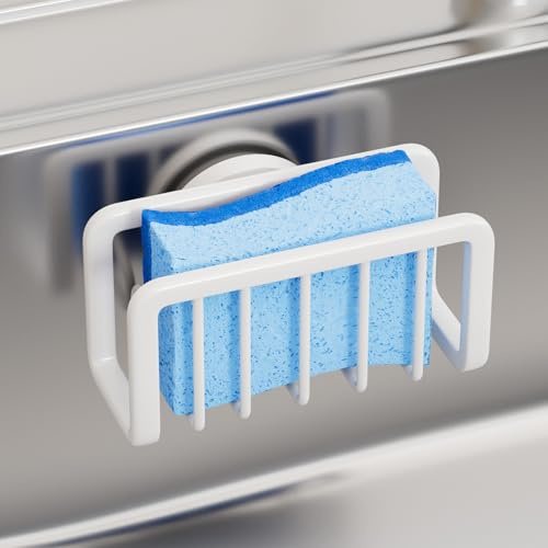 TAILI Simple Sponge Holder with Sucion Cup, Sink Caddy for Kitchen - White | Simple Sponge Holder for Kitchen Sink for Dishcloth, Brush, Stopper, Wall Mounted, Adhesive Free, No Drilling, Quick Drainage