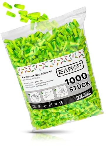 EAR PROTECT 1000 Stück Ohrstöpsel Arbeit Gehörschutz Stöpsel Nachfüllpackung - 37dB Ohrenstöpsel Baustelle, Lärmschutz Ohrstöpsel Industrie - Portionierte Arbeitsschutz Ohr Stöpsel 500 Paar