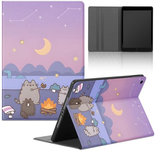 Tablet Cover per iPad 9/8/7 10,2, Modell 2021/2020/2019, 9./8./7. Generation, Cartoon Cat Pusheen Cute Motivo con Funzione Pelle PU Holder Flip con Regolabile Tablet Protezione Antiurto Case,luna