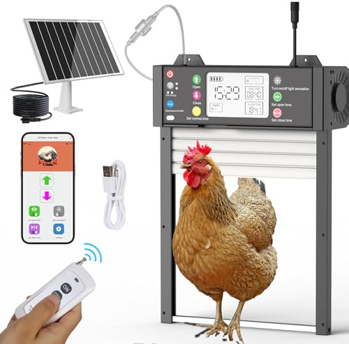 SARELLIT Porte De Poulailler Automatique, Solaire, Contrôle Via Appli WiFi | État Ouvert/Fermé Visible Dans L’Appli; Batterie 4000 mAh, Capteur De Lumière, Minuterie, Porte Enroulable Anti-Pincement