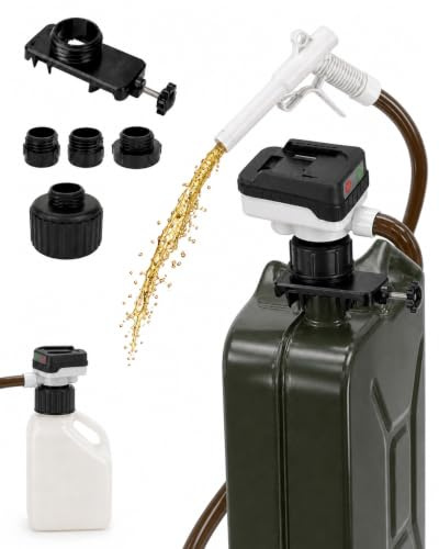Pompa Trasferimento Carburante 15L/min Elettrica per Taniche con Auto-Stop | Compatibile con Makita 10-20V, tubo PVC 130 cm, 4+1 adattatori, per generatore, auto, barca, moto, batteria non inclusa