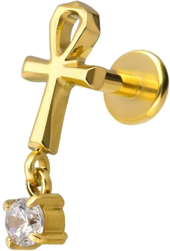 PIERCINGLINE Piercing Stecker Titan Labret mit Push Fit ANKH + KRISTALL - Goldfarben, Silberfarben