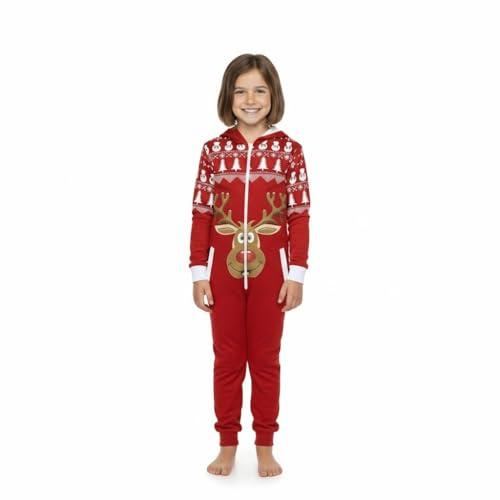A2Z 4 Kids Girls Boys Reindeer Fleece Onesie Christmas Jumpsuit Novelty Set | Soft Novelty All In One Winter Sleepwear Costume Outfits Ages 5 to 13 Years