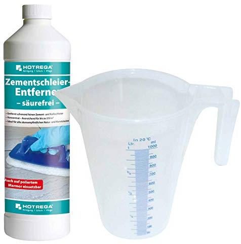 HOTREGA - Zementschleier-Entferner säurefrei 1 Liter Konzentrat + Messbecher 1L, Fliesenreiniger, Grundreiniger, Kalkentferner