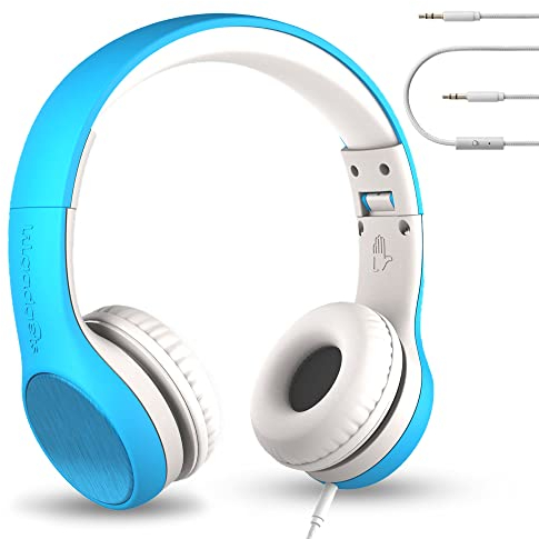LilGadgets Kabelgebundene Kopfhörer im Connect+-Stil Kinder mit SharePort®-Technologie, faltbares On-Ear-Headset, integriertes Mikrofon, blau, kinderfreundliche kabelgebundene Kopfhörer.