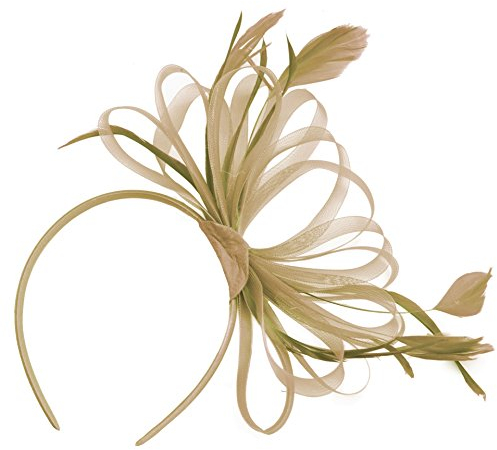 Fascinator, Kopfband, groß, für Hochzeit, Ascot Races, Netz, Federn, goldfarben / Beige