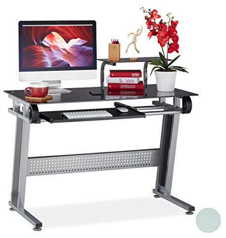 relaxdays Tavolo in Vetro per Computer, Ripiano Tastiera & Scomparto, Moderno, HLP: 94x110x63 cm, Nero