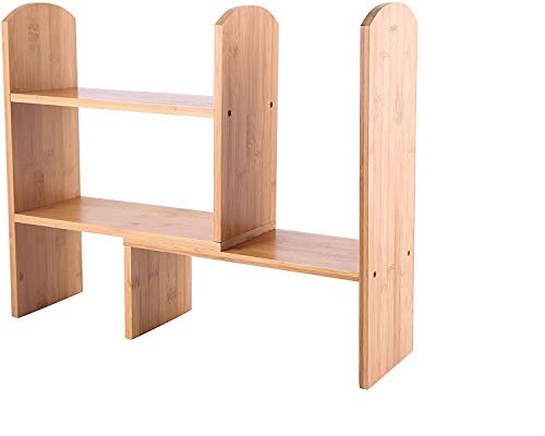Hygrad Bamboo Desktop Expandable Organizer Desk Stand Bookshelf Display Storage Shelves for Office & Home Small Desk Shelves Adjustable Mini Bookshelf Freestanding Bookcase Home Office Tidy Organiser