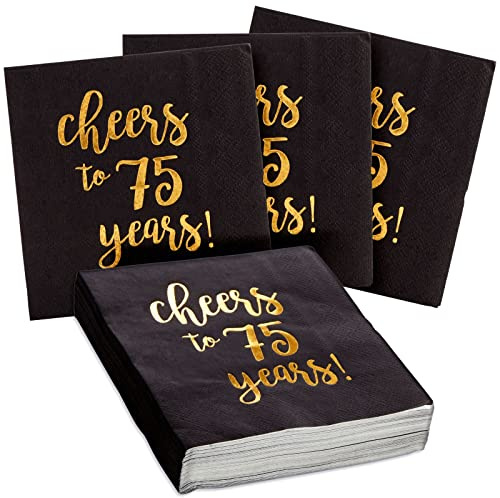 Sparkle and Bash Papierservietten zum 75. Geburtstag, 12,7 x 12,7 cm, 3-lagig, Schwarz und Gold, 50 Stück, mit Aufdruck Cheers to 75 Years, Servietten und Dekoration