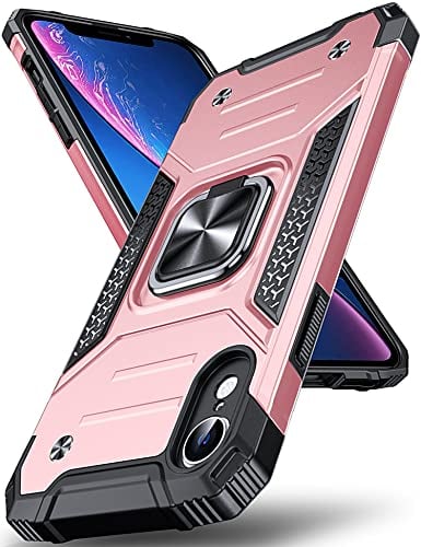 DASFOND Designed for iPhone XR Case, Military Grade Shockproof Protective Phone Case Cover with Enhanced Metal Ring Kickstand [Support Magnet Mount] for iPhone XR, Rose Gold
