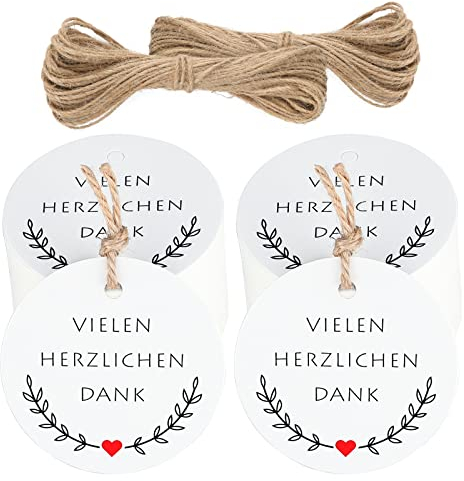 jijAcraft Geschenkanhänger Vielen Dank Anhänger Kraftpapier Rund Etiketten 5 cm, 100 Stück Tags und 20 meter Jute Schnur, für Gastgeschenke, Hochzeit, Handwerk (Weiß)
