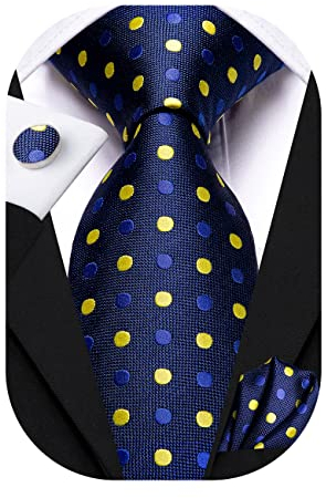 Hi-Tie Herren Krawatte Schwarz Paisley/Plaid/Streifen/Einfarbig Krawatten Set Einstecktuch Manschettenknöpfe Business Formal Hochzeit Meeting Geschenkbox,blauer gelber Punkt