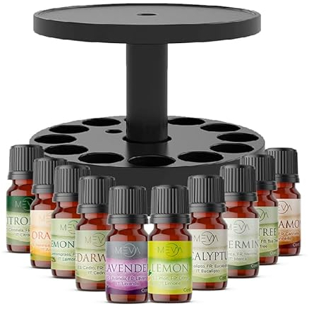 MEVA Diffusorhalter für ätherische Öle, Organizer für ätherische Öle und Luftbefeuchter, drehbarer Sockel für 12 Essenzen und Diffusor jeder Größe, inklusive 12 Stück ätherisches Öl Set (schwarz)