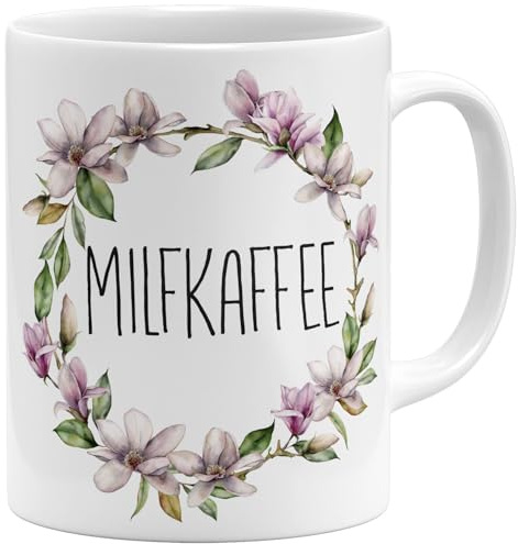 OM3® witzige Milfkaffee Milf Kaffee-Tasse mit Spruch - blumig Blümchen - Keramik Becher - 325ml - Beidseitig Bedruckt - Weiss