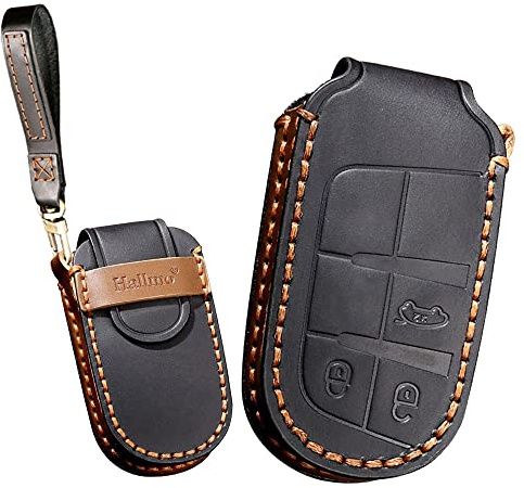 KUNIO Autoschlüssel Schutzhülle Passt für Chrysler 300C für Jeep Renegade Compass Grand Cherokee Dodge für FIAT 500X Leder Schlüsselcover Schlüsselanhänger Schlüsseletui 3 Tasten Schwarz