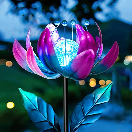 AIINY Lila Metallblume Solar-Gartenleuchten Dekoration, bunte drehbare Windmühle Weglichter mit LED rissiger Kristallkugel Outdoor dekorative Pfahlbeleuchtung wasserdichte Blumenskulptur für Hof
