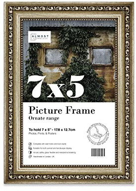 Almost Frameless 7x5 Champaign Ornate Picture Frame 7x5(17.7x12.7cm) Poster, Photo, Artwork, or Print. Elegant Style Portrait and Landscape Display with Wall Hooks