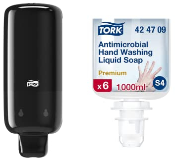 Tork Seifenspender für Schaumseife und Schaum-Händedesinfektion, Elevation - 561508 - schwarz + Tork antimikrobielle Flüssigseife zur Händedekontamination S4, dermatologisch getestet, 6 × 1.000 ml, 42