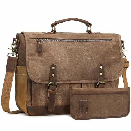 Wogarl Herren-Kuriertasche, 39,6 cm (15,6 Zoll), echtes Leder, gewachst, Canvas, für Computer, Laptop, Aktentasche, große Umhängetasche, Braun (kleine Tasche)
