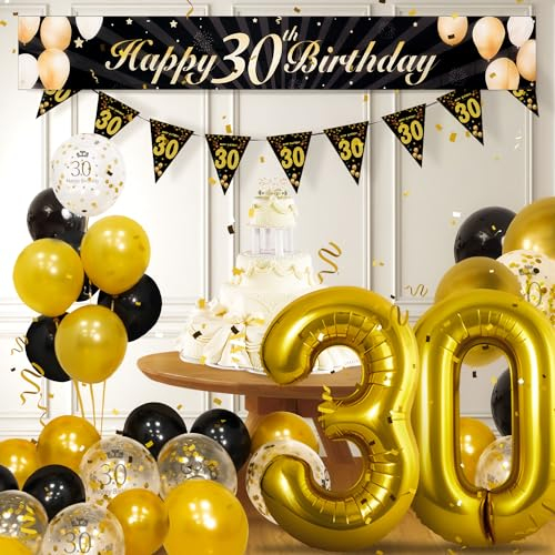 30 Geburtstag Deko, Schwarzes Gold 30. Geburtstags Dekoration Mann Frau,30. Happy Birthday Banner,Zahl Luftballons 30,Schwarzes Gold Konfetti Luftballons,Feuerwerk Dreieckiges Flaggenbanner