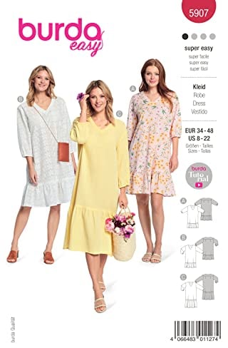 burdastyle Schnittmuster 5907 | Kleider mit V-Ausschnitt zum selber nähen | Damen, Gr. 34-48 | Nählevel: sehr leicht