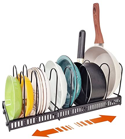 wiksite Estante organizador expandible para sartenes, soporte ajustable para tapa de ollas, estante para utensilios de hornear, cacerola, despensa, gabinete de almacenamiento de cocina (7 divisores)