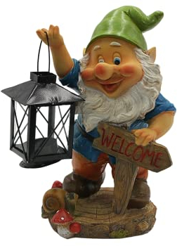 Gartenzwerg mit Metall-Laterne für Teelicht und Spruch - Welcome -, aus Polyresin, niedliche Deko für Garten, Terrasse oder Balkon, Größe: L/B/H ca. 12 x 18 x 26 cm