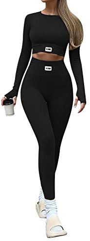 Loalirando Ensemble de sport pour femme, combinaison de gymnastique, 2 pièces, couleur unie, crop, haut à manches longues, col rond + pantalon taille haute pour yoga, cours de fitness, Noir , M