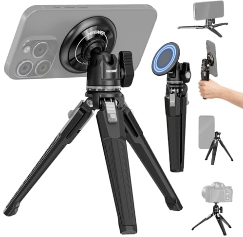 NEEWER Magnetic Desk Phone Tripod Set Compatible with MagSafe iPhone 16 15 Pro Max Plus 14 13 12 Series, Single Hand Grip Selfie Stick Metal Tabletop Mini Tripod with Ball Head, PA010+TP29