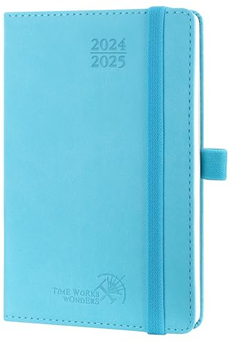 POPRUN Taschenkalender 2025 Klein (Aug.2024-Dez.2025) Softcover mit PU-Leder, ca. A6 (16 x 10,5 cm), Kalender 2025 Klein - Terminplaner 1 Woche 2 Seite mit Stiftschlaufe - Blaugrün