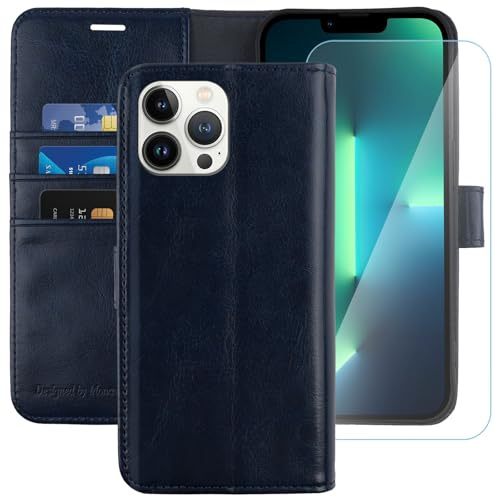 MONASAY Wallet Case for iPhone 13 Pro with 3 Card Holders - Blue | Kickstand,RFID Blocking,6.6 feet of shock absorption,PU Leather, Strong Magnetic Closure, Fits 6.1 inch ONLY,Protective film