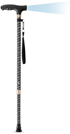 wvtlpmk Gehstock Herren und Damen mit LED-Licht, 10 Stufig Höhenverstellbar Gehstöck, Aluminium Ausziehbarer Spazierstock Mit Handschlaufe und Gummifuß für Wandern Camping Bergsteigen