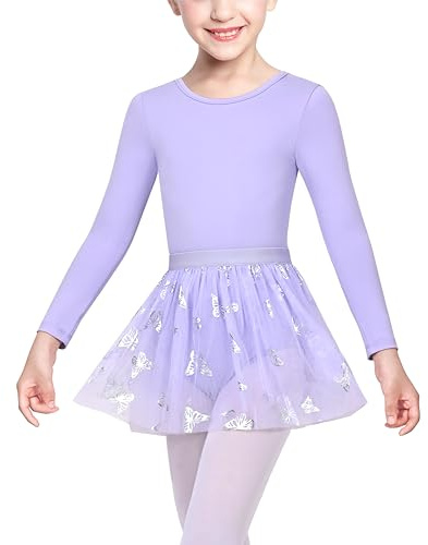 Sunny Fashion Mädchen Ballettkleidung Ballettkleid 2 Stück Setzen Lila Ballett Trikot Schmetterling Tüll Langarm Gr. 110,Violett,110